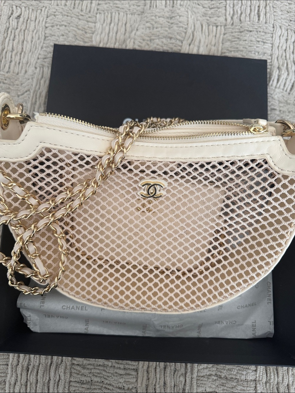 GWP Beige Mesh Half-Moon Chain Shoulder Bag